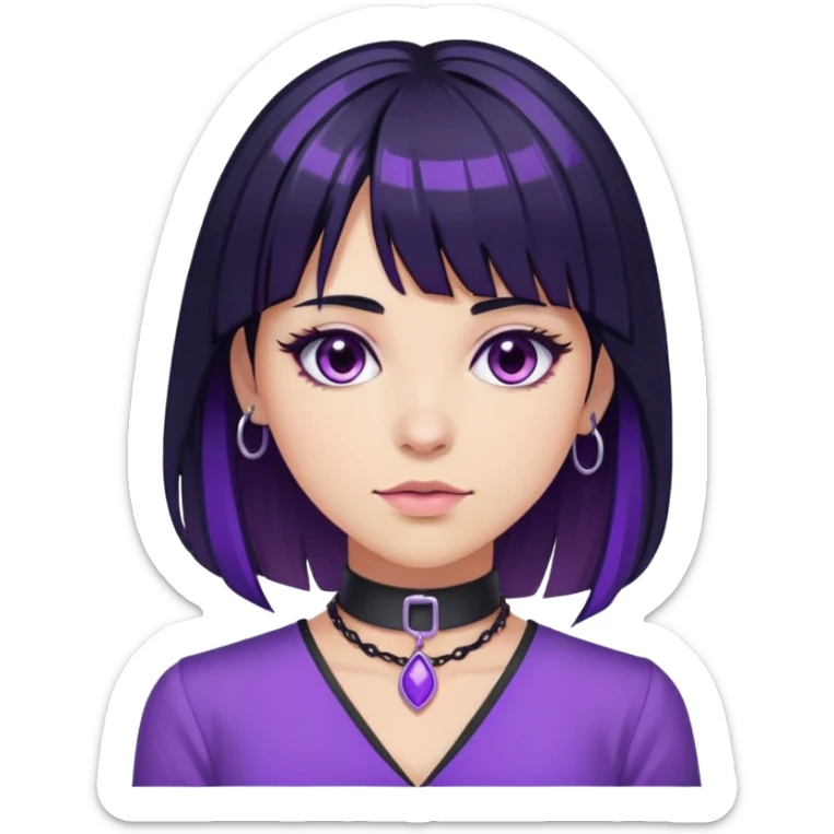 long black hair with purple highlights with bangs and choker with purple blouse sticker