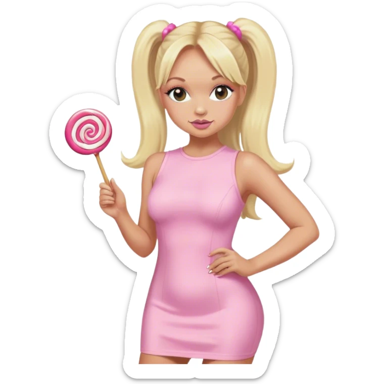Emma Bunton with long blonde ponytails wearing light pink bodycon dress holding a lollipop sticker