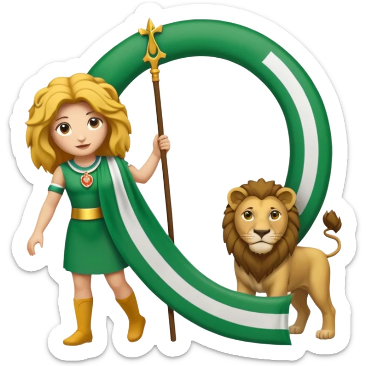 Un drapeau  avec 2 bande verte qui et une bande blanche au milieu avec une femme avec 1 lion de chaque coter d’elle sous un arc en pierre  sticker