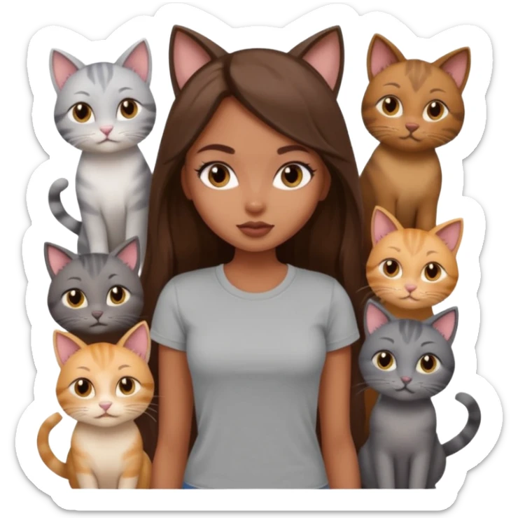 a pretty bratz dusky girl with long brown hair with six cats nd wearing a grey tshirt sticker