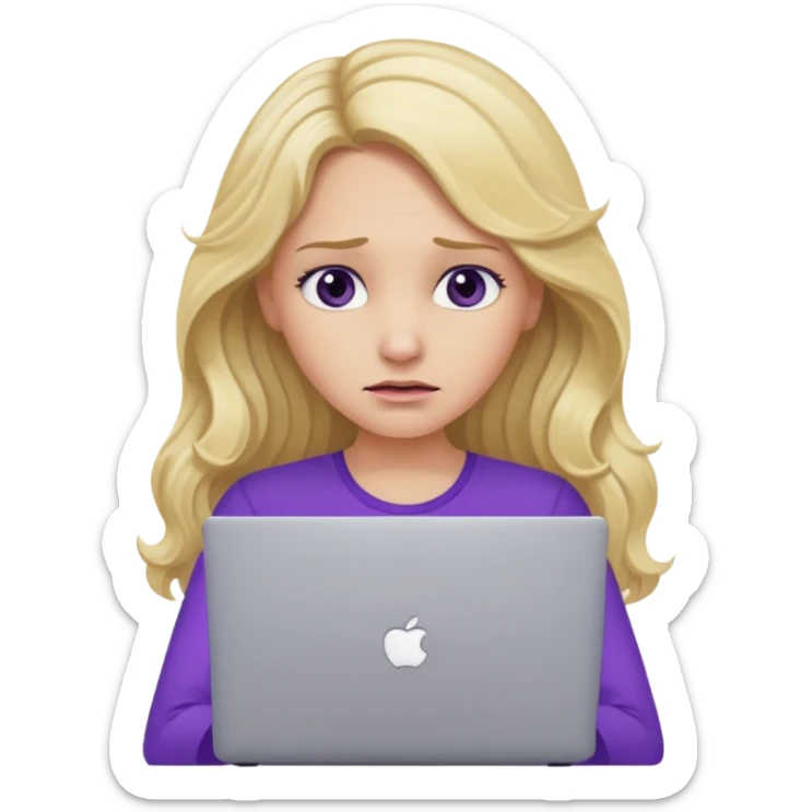 lady with long blonde wavy hair, purple top throwing her with a laptop looking defeated sticker