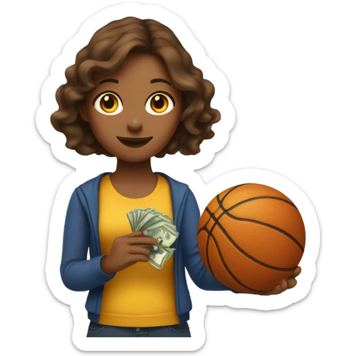 Girl emoji with brown hair with basketball and money sticker