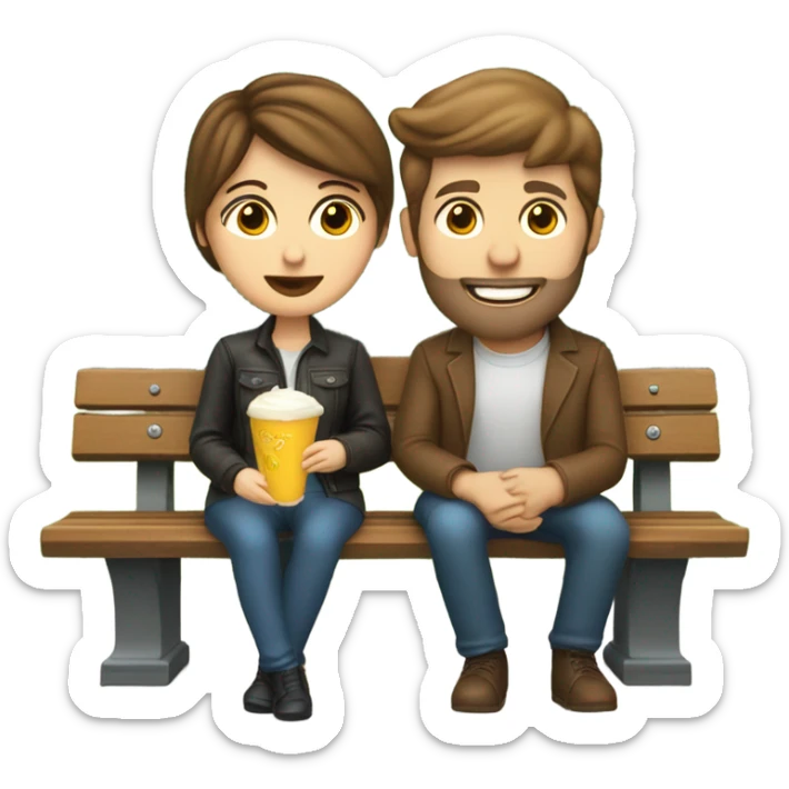 couple with white skin people and brown hair, sitting closely on a park bench, enjoying a romantic moment. One person is holding a croissant, and the other is holding a glass of Prosecco.  sticker