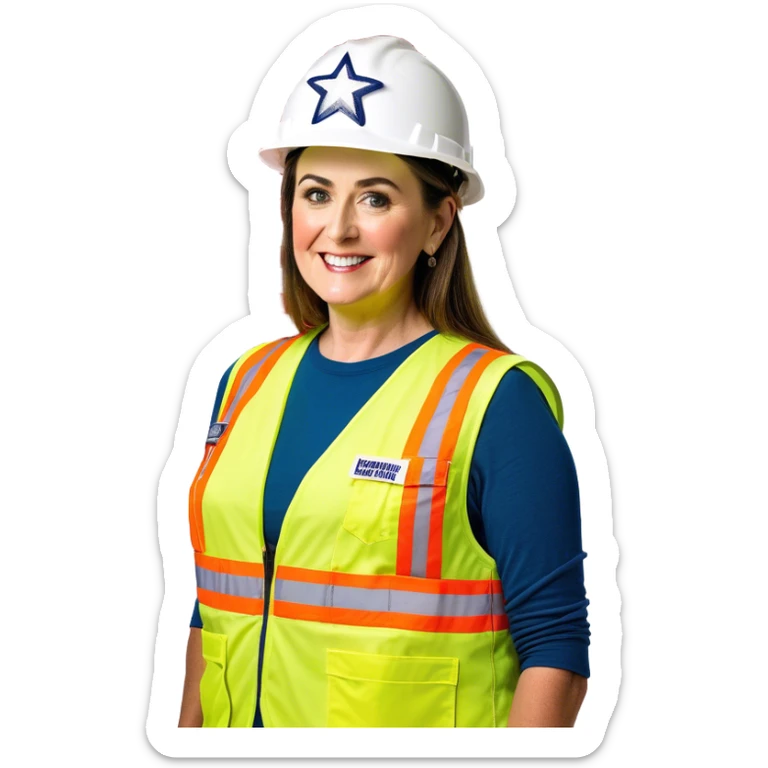Livvy Dunne is a construction worker wearing a patriotic dress with a neon yellow safety vest over the dress. she also has a hard hat and a patriotic patch on the vest sticker