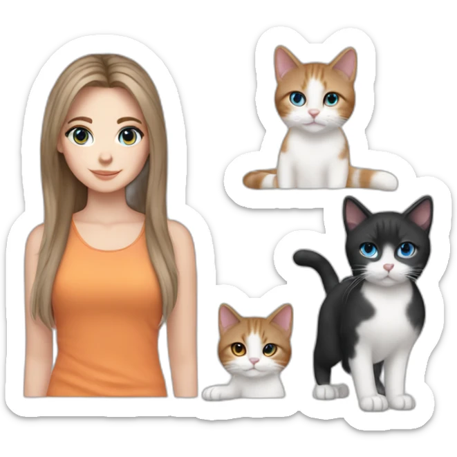 white girl with brown hair curtain bangs blue eyes holding 1 grey and white cat and 1 black and orange cat sticker