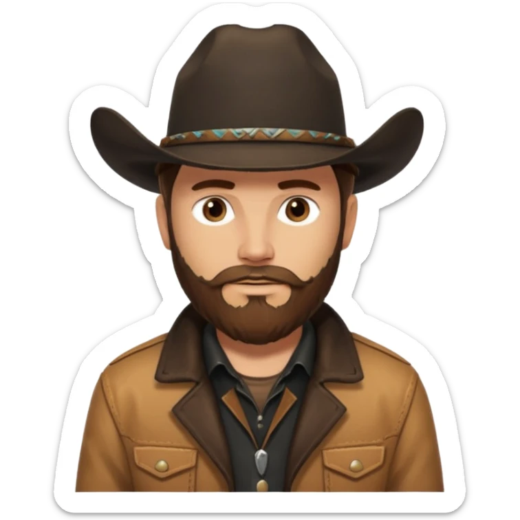 yellowstone ranch cowboy with brown beard, black cowboy hat, black t-shirt, leather tan jacket sticker