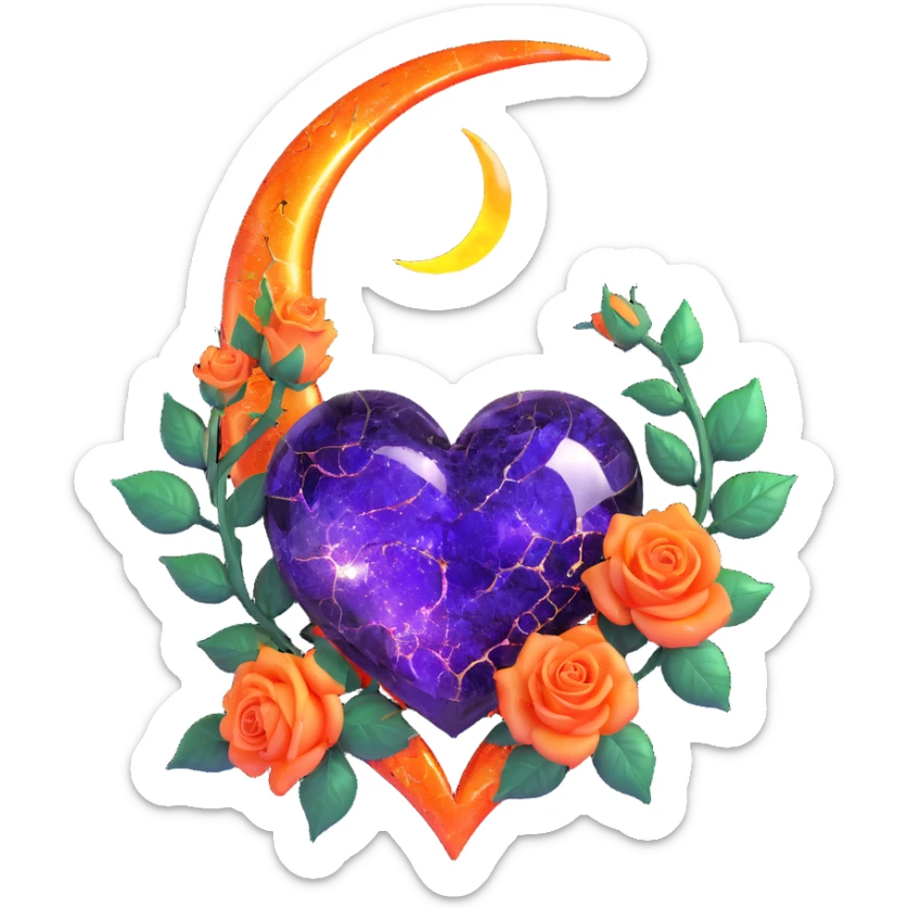 gothic heart made of gold glass, silver crescent moon, glowing orange roses, holographic stardust, neon purple lightning, wet and cracked glass sticker
