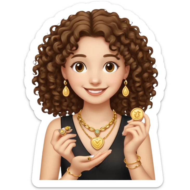 smiling girl with curly hair holding jewelry sticker
