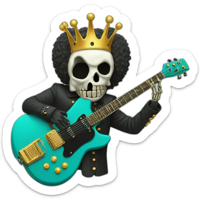 Soolking brook ;black affro cut ;turquoise electric guitar;golden crown ;skeletal face sticker