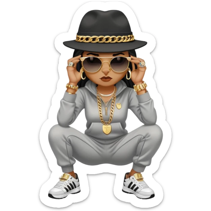 female cat wearing Run DMC hip-hop outfit with tracksuit, fedora, Adidas sneakers, dark sunglasses, many gold chains, rings, bracelets, flashy earrings, fallen down with worried expression sticker