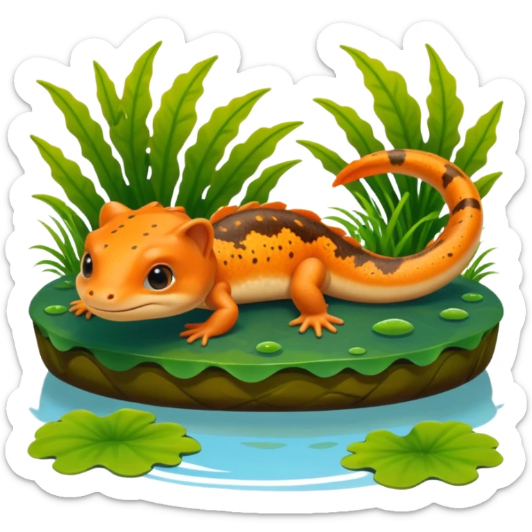 A 3D cartoon newt resting near a pond, orange and brown colors, visible tail, friendly expression, soft reflections and lighting, Memoji-style character. sticker