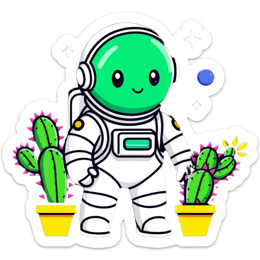 A spacesuit-wearing cactus blooming neon stars instead of flowers, with mini planets on its prickles sticker