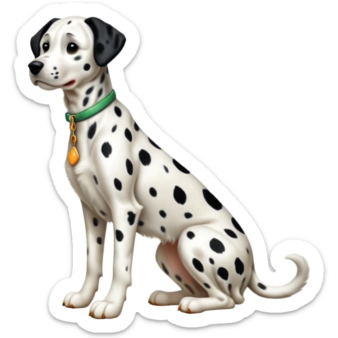cinematic-[dalmatian dog]-realistic-full-body-sitting-emoji,-tail-resting-loosely-beside-its-paws,-head-tilted-dramatically,-sleek-[spotted]-fur,-simplified-yet-realistic-focused-features,-highly-detailed,-glowing-with-an-almost-sarcastic-glow sticker