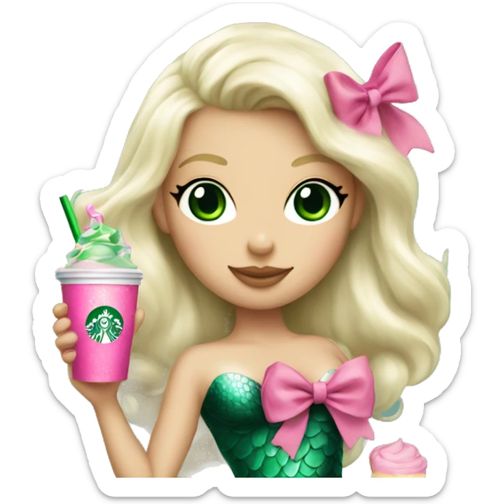 platinum blonde mermaid with green eyes drinking pink starbucks wearing a pink bow sticker