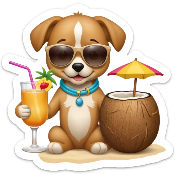 A dog wearing sunglasses on the beach drinking a tropical drink out of a coconut  sticker