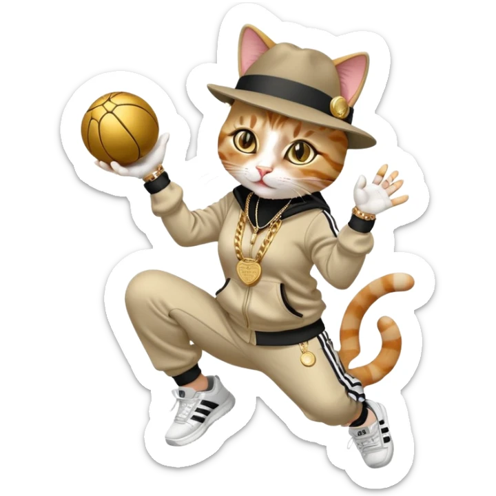 female cat wearing Run DMC hip-hop outfit with tracksuit, fedora, Adidas sneakers, many gold chains, rings, bracelets, flashy earrings, reaching up and catching a ball high in the air, no sunglasses sticker