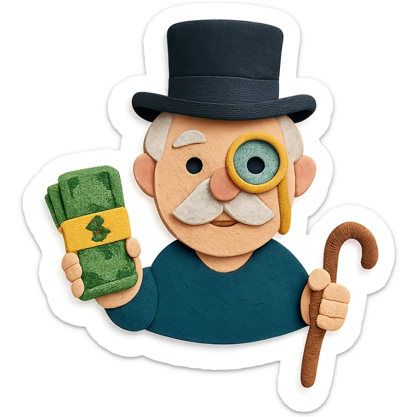 old white man with a top hat, monocle in left eye, holding stacks of money in right hand and a wooden cane in left hand, in a Paper Craft style sticker