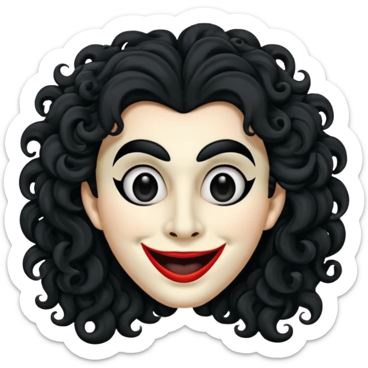 generate theatre mask emoji with a big curly black hair 

wide black coloured smile, long and pointy white nose with no nostrils, pitch black eyes sticker