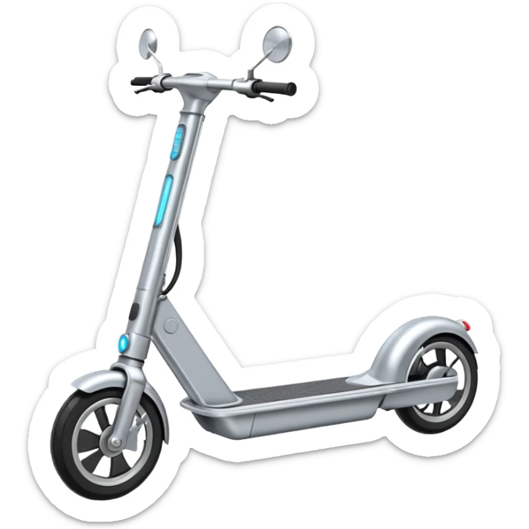 A futuristic electric scooter emoji made of silver chrome, sleek minimal frame, smooth metallic surface, subtle reflections, modern urban design, iOS emoji style, centered, clean white background sticker