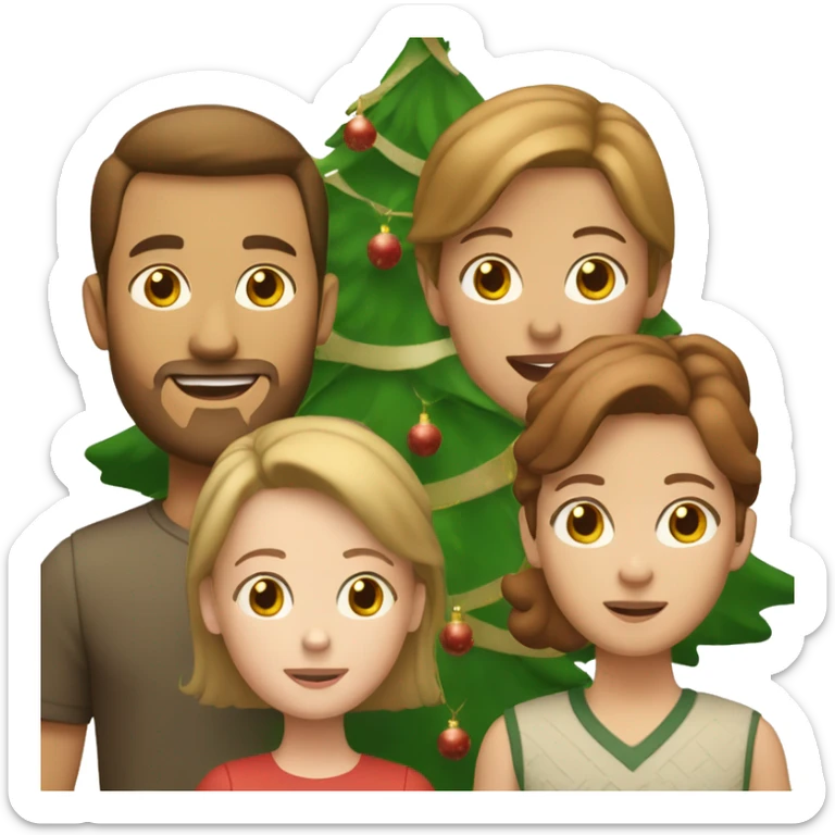 White Family in front of the Christmas tree. Man and boy with Brown hair, woman and kid with light Brown hair and a Little Girl with light red hair.  sticker