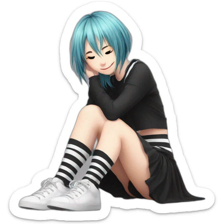 full body Front view emo girl sits on the floor black skirt torn striped stockings sticker