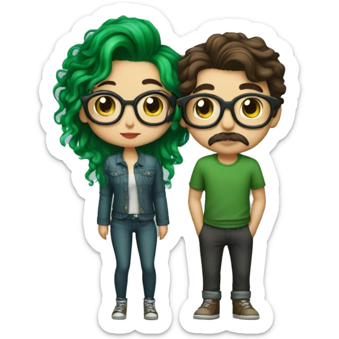 A heavy set boy with brown hair and a mustache is kissing a green haired girl who is thin and wearing glasses both have tattoos sticker