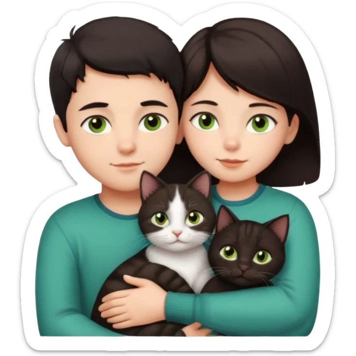 Crea un emoji donde salga un chico de pelo moreno con los ojos claros, una chica de pelo morena con los ojos marrones y UN gato europeo comun de pelaje oscuro y ojos verde claro, quiero que se esten abrazando el chico y la chica, y el gato este en el medio sticker