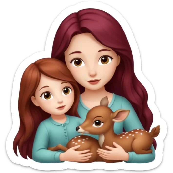 Beautiful burgundy long haired girl petting baby deer sticker