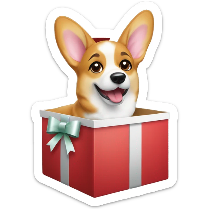 Corgi popping out of a wrapped Christmas gift box, with a bow on its head and a surprised look sticker