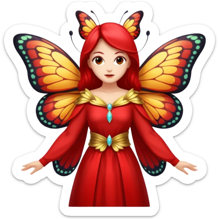 nature spirit woman dressed as butterfly herald red, wing sleeves spread sticker