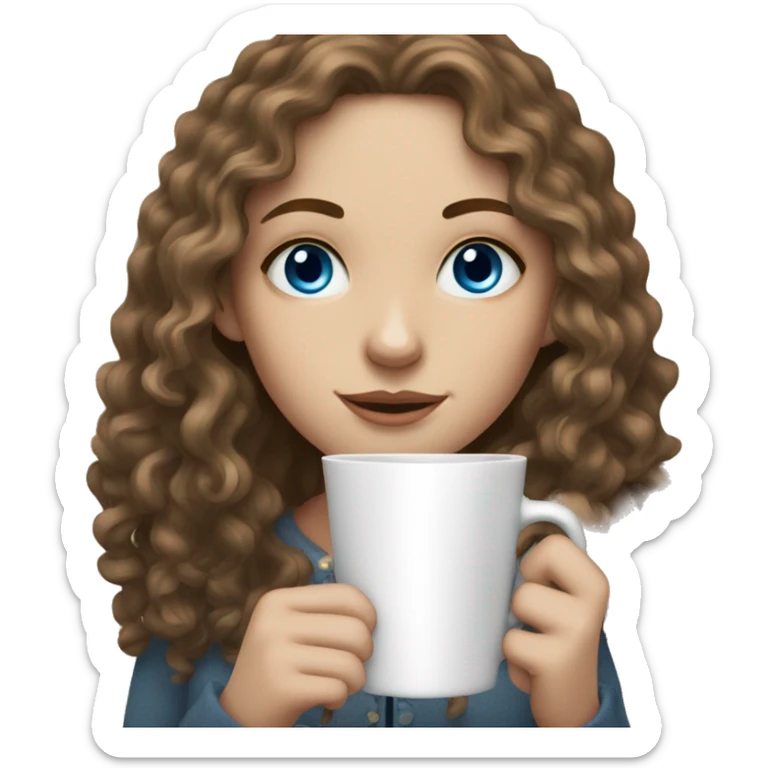 A white girl with darkblonde long curly hair, blue eyes and freckles holding a cup of coffee sticker
