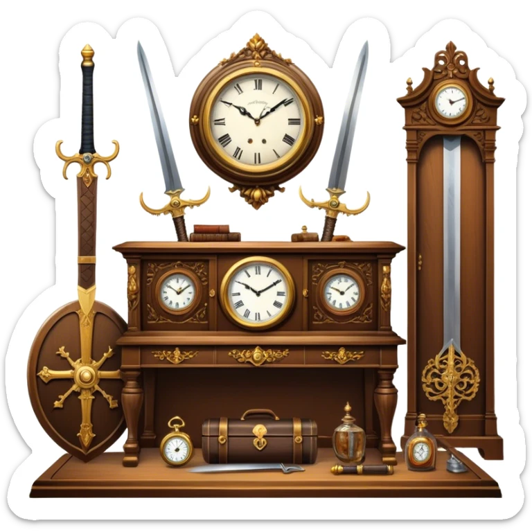 Icon for Antiques Collecting: a vintage clock, intricately carved furniture, famous paintings, antique swords, and rifles. The items are displayed on a wooden table or shelf. The icon should evoke the rich history and craftsmanship of antique collecting. Transparent background. sticker