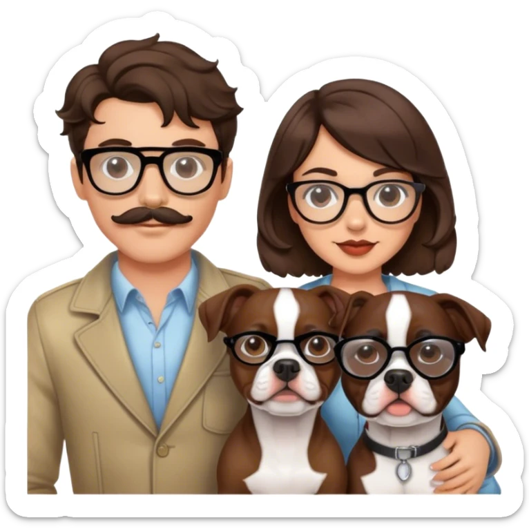 young hip fashionable cool couple wavy hair brunette man w wire glasses and mustache and brunette girl with bob and a brown pitbull boston terrier  sticker