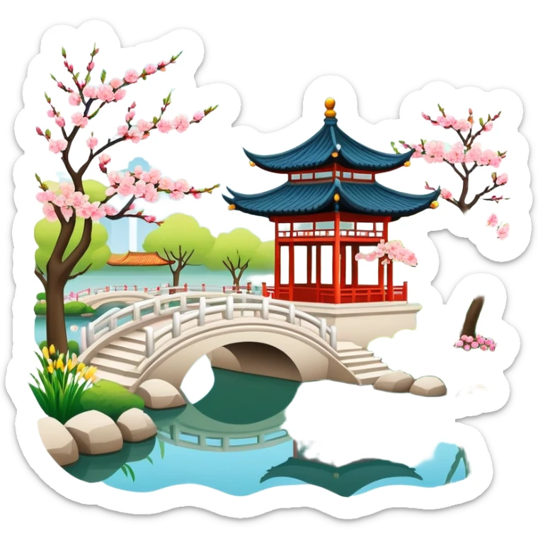 Suzhou garden with spring blossoms and pavilion by pond, simplified emoji style with bold outlines and bright colors, cartoon style traditional Chinese garden sticker
