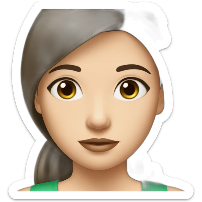 Fair skinned brunette, straight hair, pretty girl with dark eyes, wearing a green top sticker