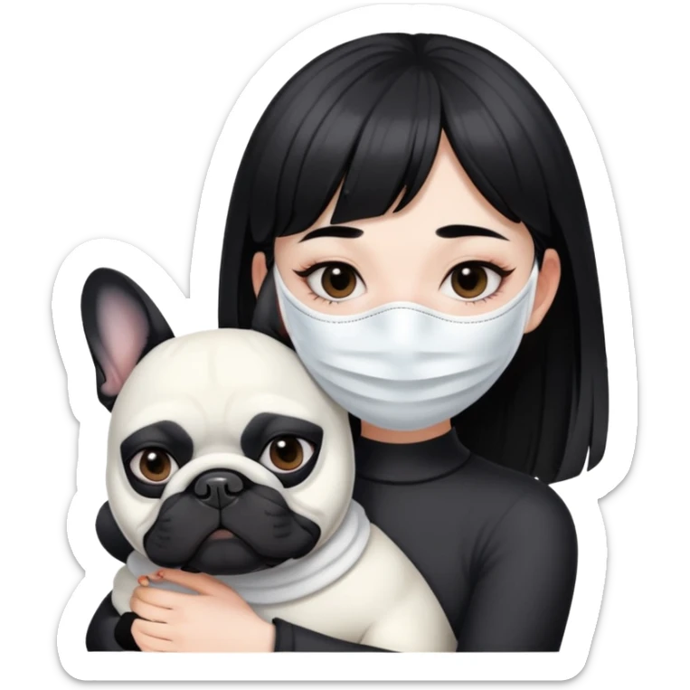 girl with short black straight bangs hair wearing a white mask and hugging a black French bulldog sticker