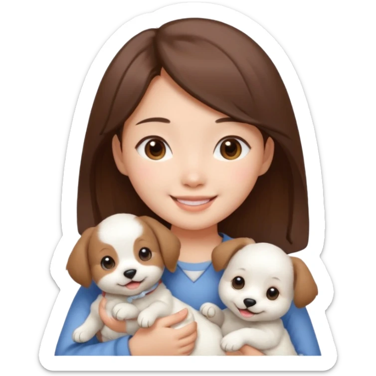 a asian japanese girl with brown hair and no bangs. she is holding a cute white puppy sticker