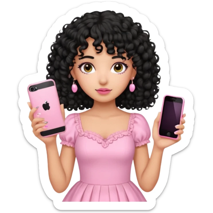 uma menina fofa de pele oliva e cabelos pretos encaracolados e com franja encaracolada e um vestido rosa pastel detalhado e maquiagem levemente rosada enquanto segura um iphone rosa sticker