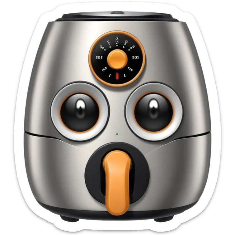 An air fryer with the knobs and handles made to look it's eyes, nose and mouth, hysterically crying with laughter sticker