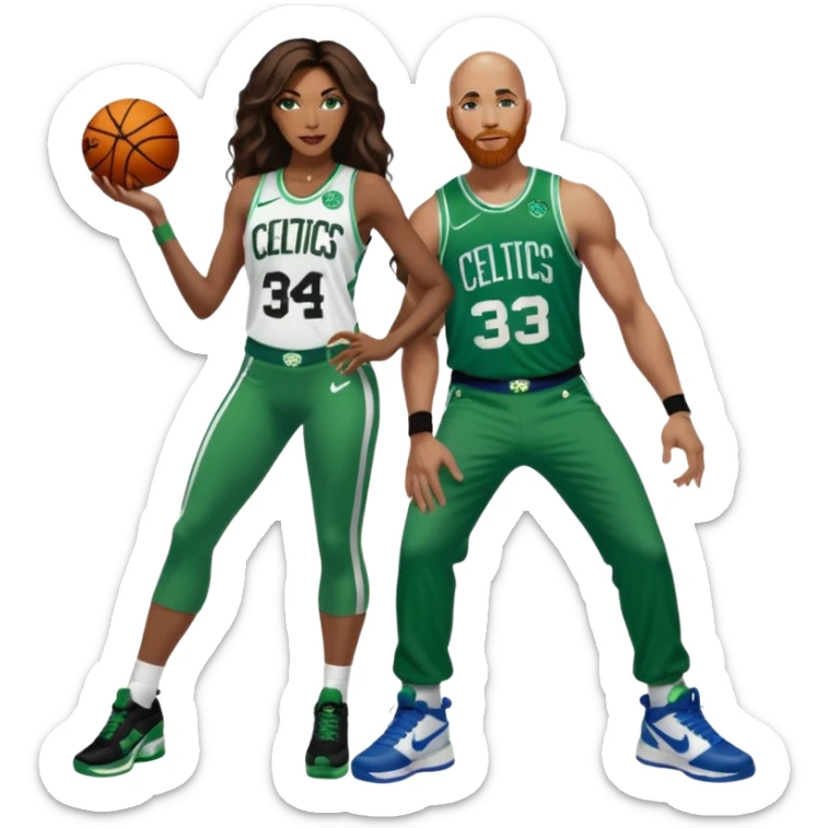 in love. one black woman and one white man: 48-year-old black woman with brown eyes, long dark brown balayage hair dressed in sexy 
celtics jersey costume outfit and stilettos with bald white man with ginger beard, and blue eyes, in a Jason Tatum Boston Celtics Jersey, jeans and Nike sneakers  sticker