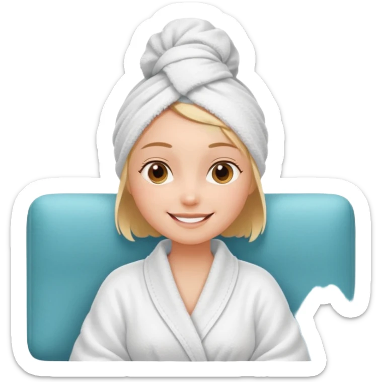 spa A contented and relaxed girl with a towel on her head in a white robe lies on a couch. The icon displays the couch and the girl in full three-quarter view. sticker