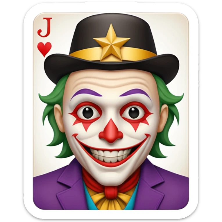 1 poker card, perfectly squared card, with crazy colorful human jolly joker inside, star symbol with a "J" sticker