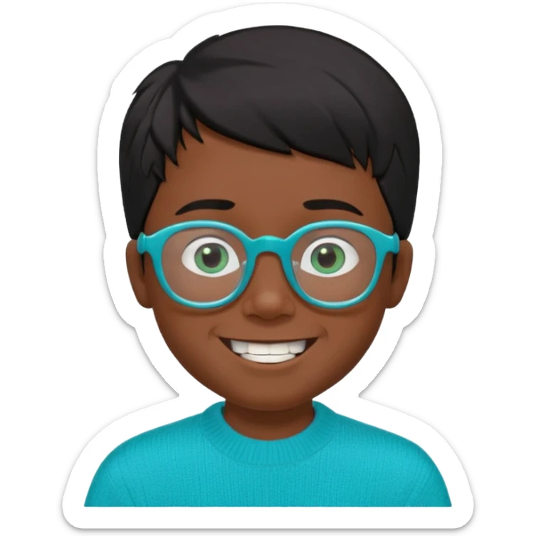 Chico de 7 años, pelo negro y repeinado, piel oscurita, gafas rectangulares azules, sonriente sin 1 diente, jersey verde turquesa y ojos rasgados, no redondeados sticker