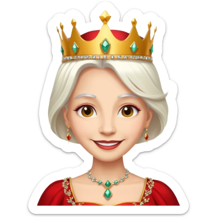 Queen with long white hair – jeweled golden crown, red dress. sticker