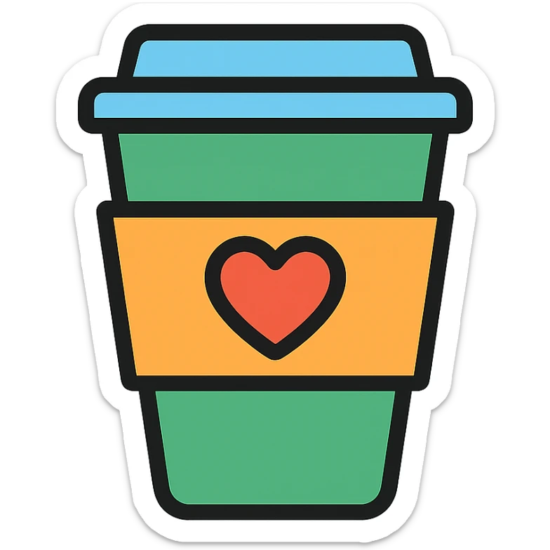Starbucks-inspired icon of a coffee cup with a heart, evoking love and coffee, clean modern style sticker