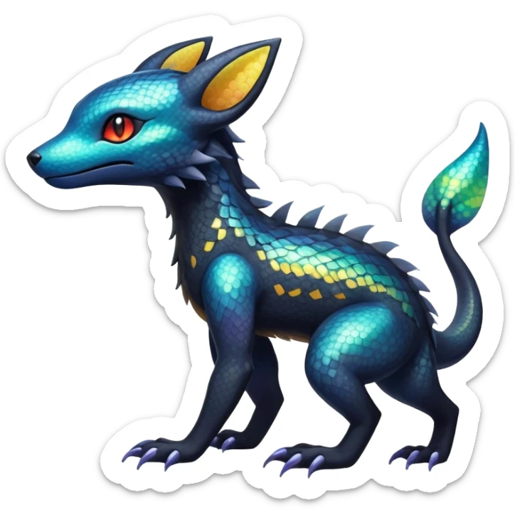 Colorful Iridescent Exotic Salandit-Aurorus-Umbreon-Fakémon-hybrid-creature (full body)  sticker