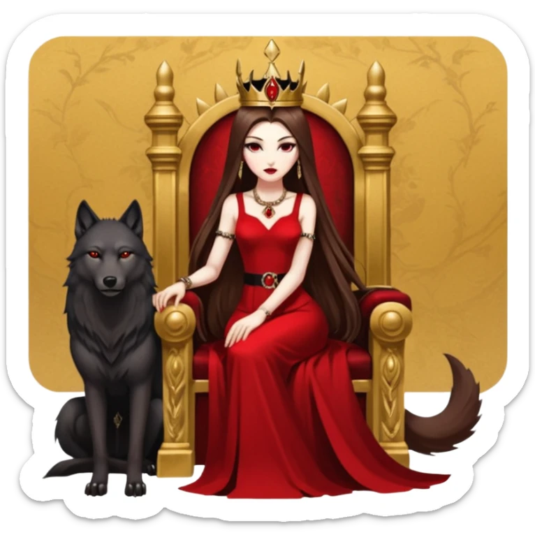 Lilith symbol seductress evil brown straight long hair haired, sexy succubus woman with red and black Chanel dress sitting on a Black and gold throne. A large black wolf laying beside he sticker