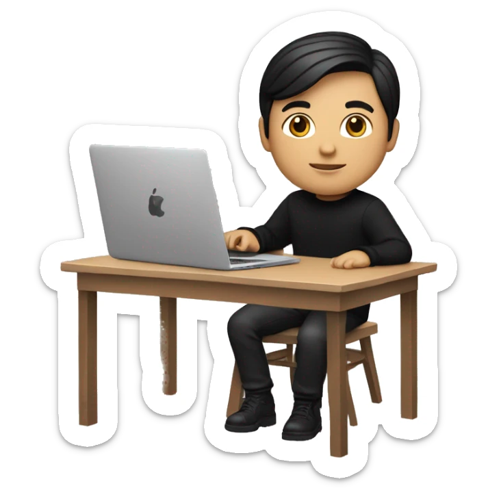 memoji of a man with a laptop in front, apple-style, fair white skintone,modern,black hair,black sweater,computer in hand,sitting on his desk sticker