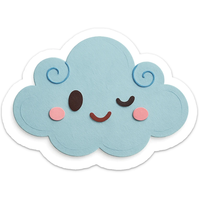 kawaii light blue cloud, soft swirls, cute wink, soft pastel colors, no limbs, full body, paper craft style sticker