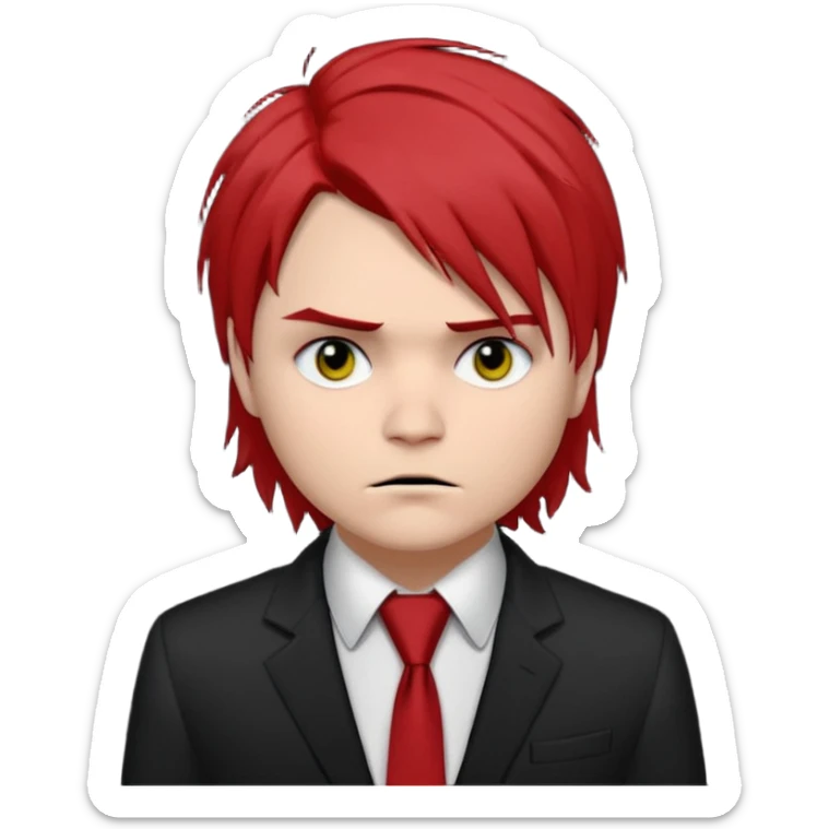 Gerard Way (Revenge Era)
Round, simplified emoji style
Pale skin tone dark eyes
Jet-black, shoulder-length hair messy and emo
Heavy eyeliner and slight red shadow under the eyes
Subtle serious
Hint of red tie visible on black button up shirt.
Transparent background. Black eyeliner. Messy emo hair sticker